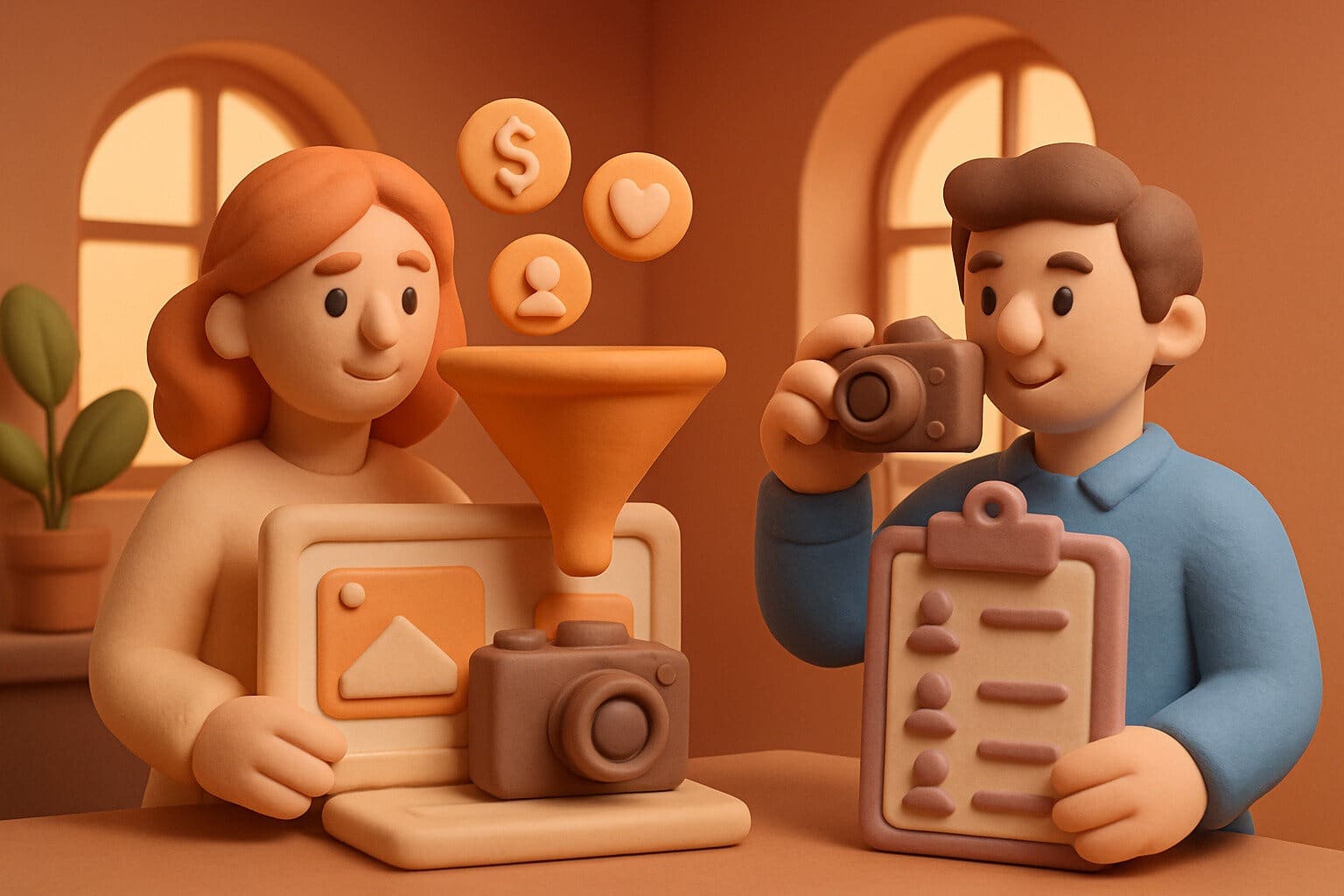 Illustration : un entonnoir de vente d'un côté, un photographe et sa liste de prospection de l'autre