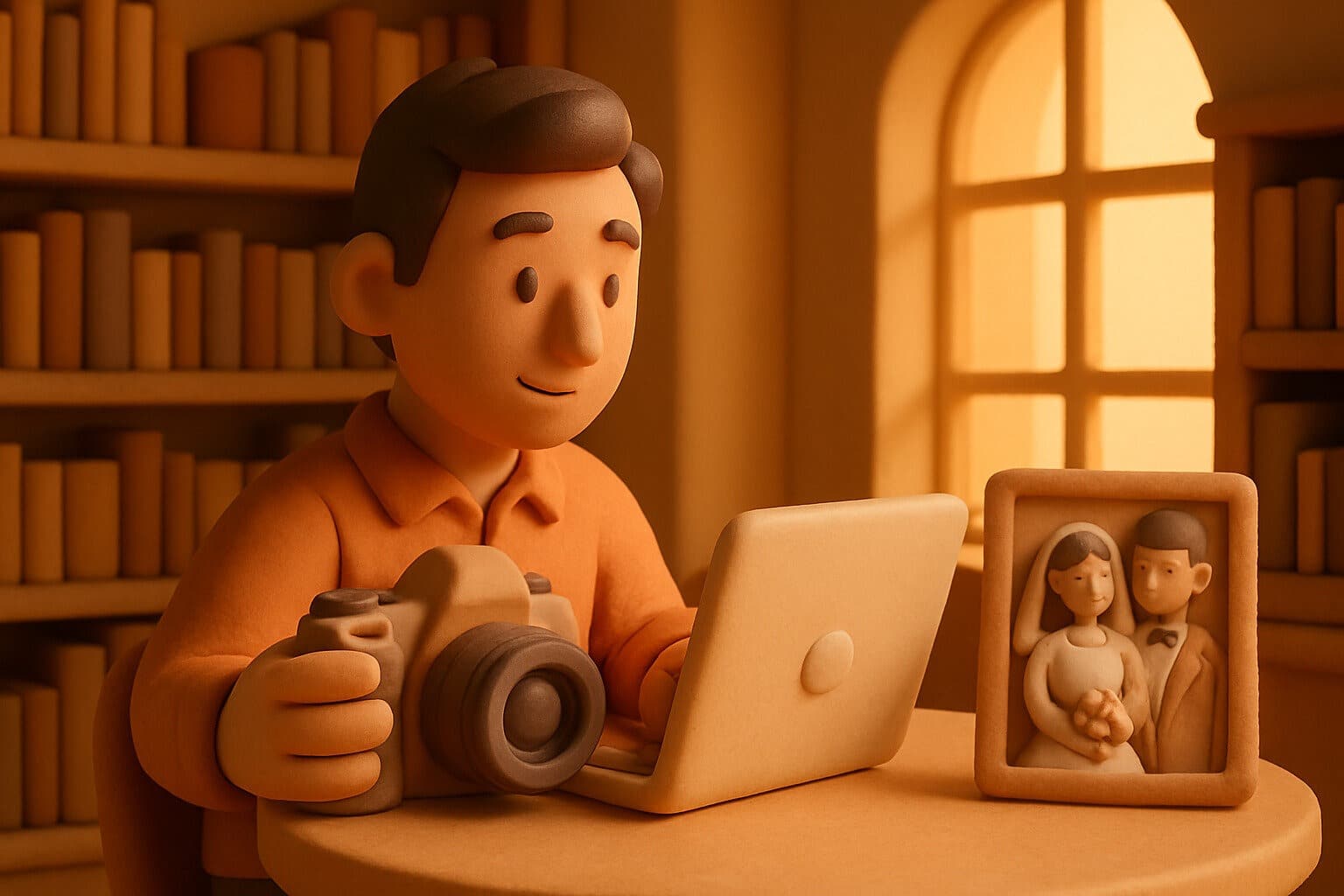 Illustration : un photographe à son bureau, à côté du portrait encadré d'un couple