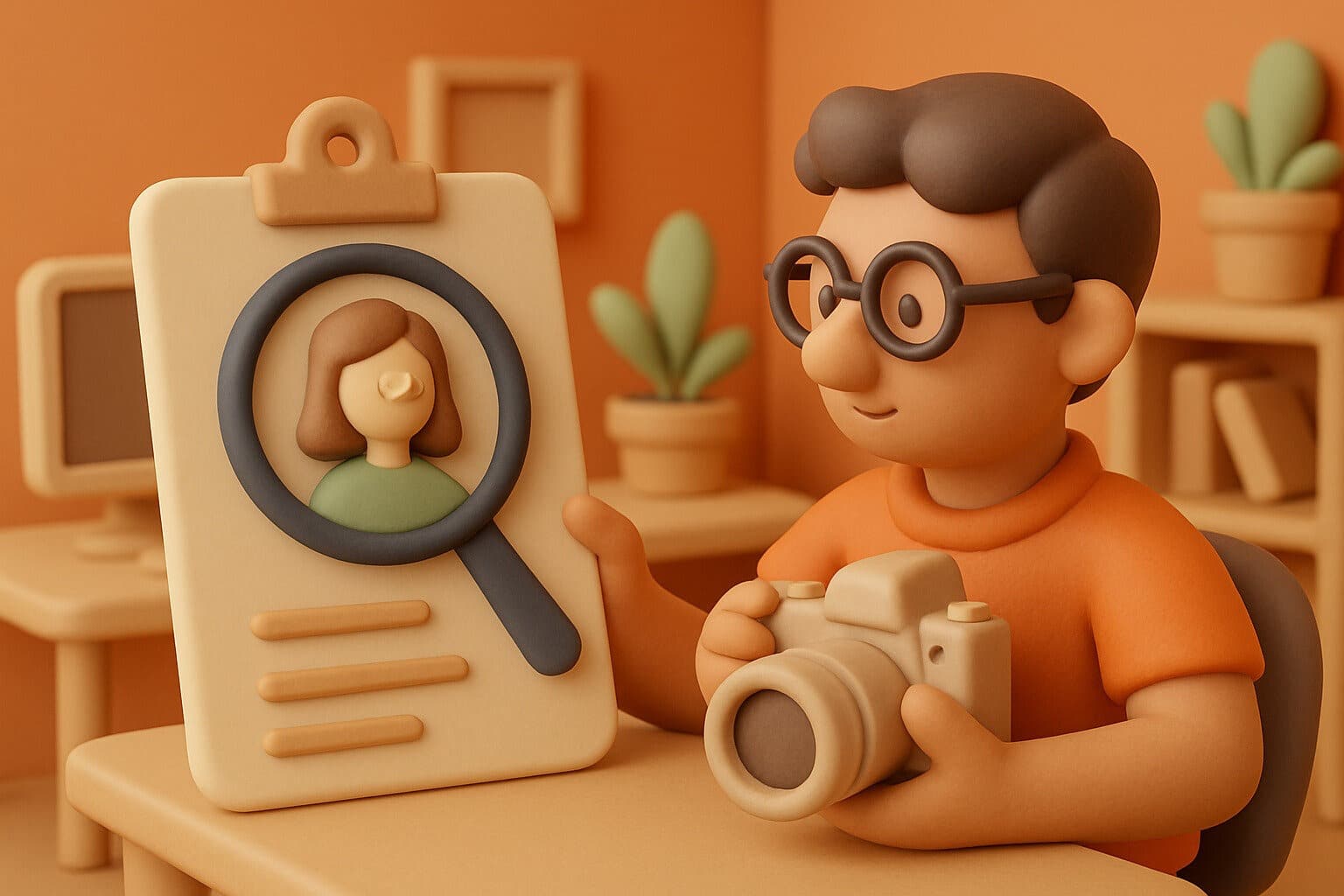 Illustration : un photographe examinant à la loupe la fiche portrait de son client idéal