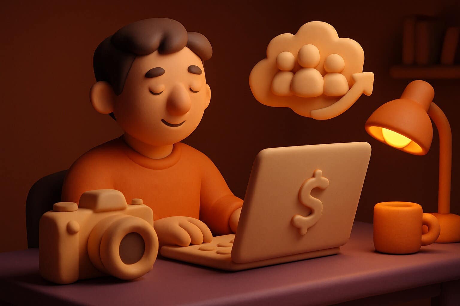Illustration : un photographe détendu devant son ordinateur pendant que son marketing tourne seul