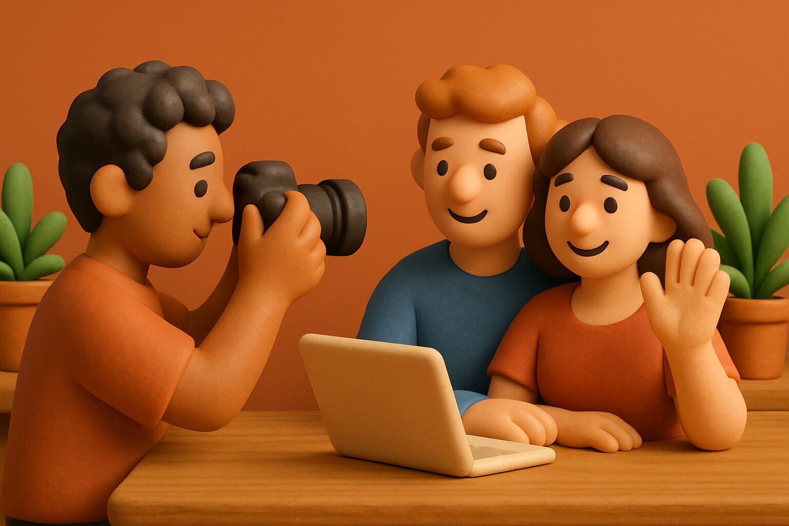 Illustration : un photographe photographiant un couple de clients souriants