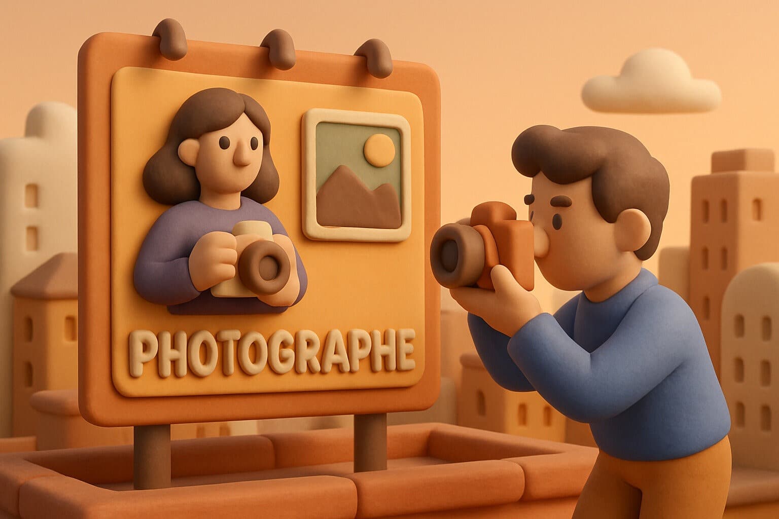Illustration : un photographe cadrant un panneau publicitaire portant le mot « photographe »