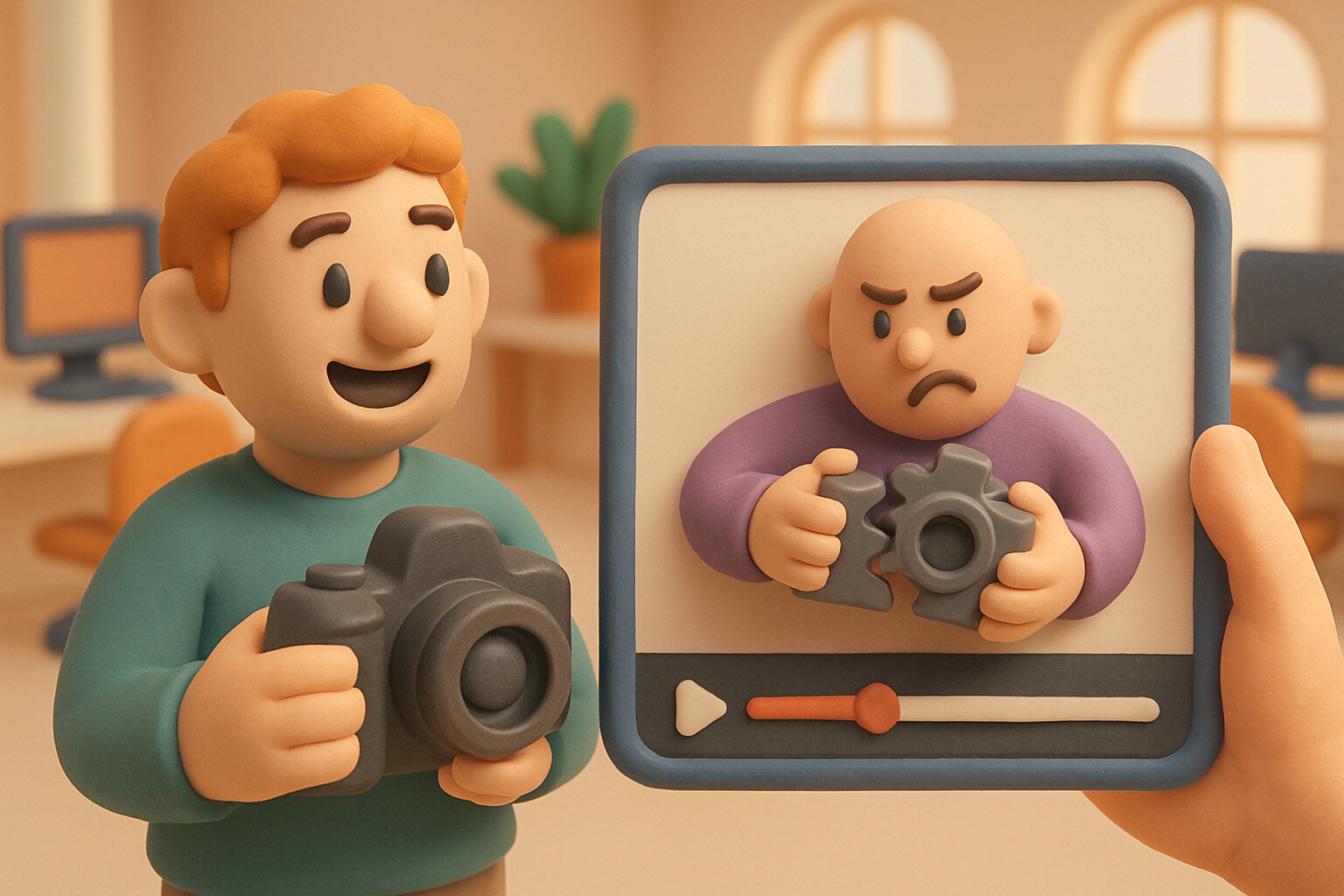 Illustration : un photographe à côté d'une vidéo publicitaire en cours de lecture