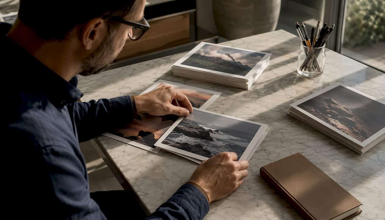 Des mains en train de trier et d’étaler des photos sur une table