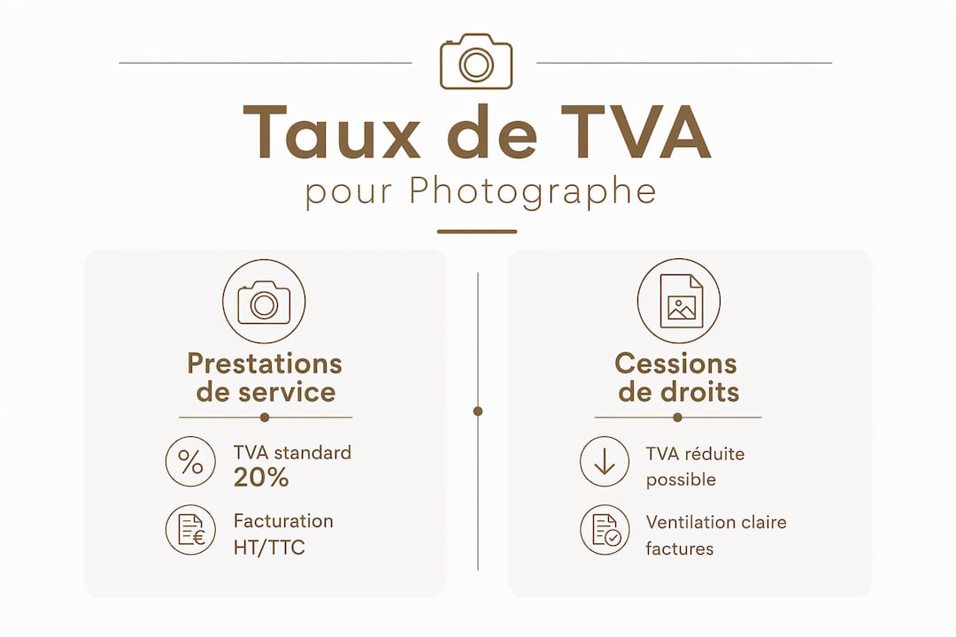 Infographie : panorama des taux de TVA appliqués aux prestations de services et à la cession de droits