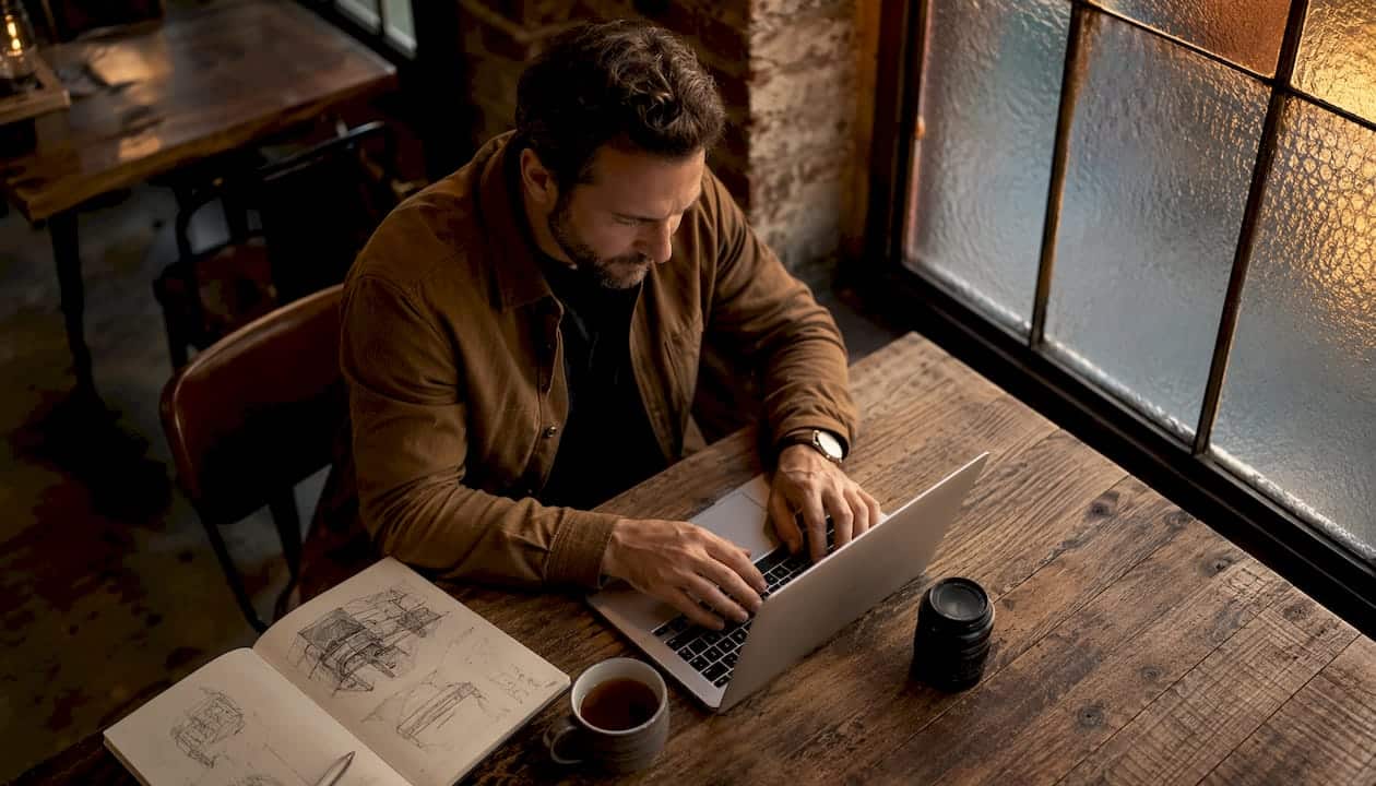 Un photographe professionnel optimise la visibilité de son site en travaillant le référencement naturel sur son ordinateur.
