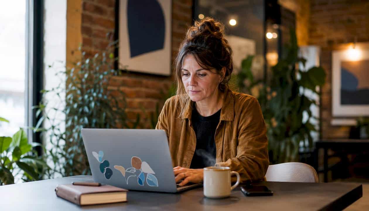 Un photographe installé dans un café, concentré sur la création de contenu optimisé pour le référencement.