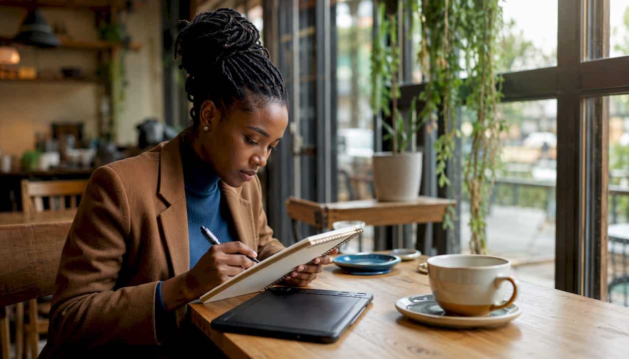 Installé dans un café baigné de lumière, un graphiste met la touche finale à sa prochaine campagne d’emailing.