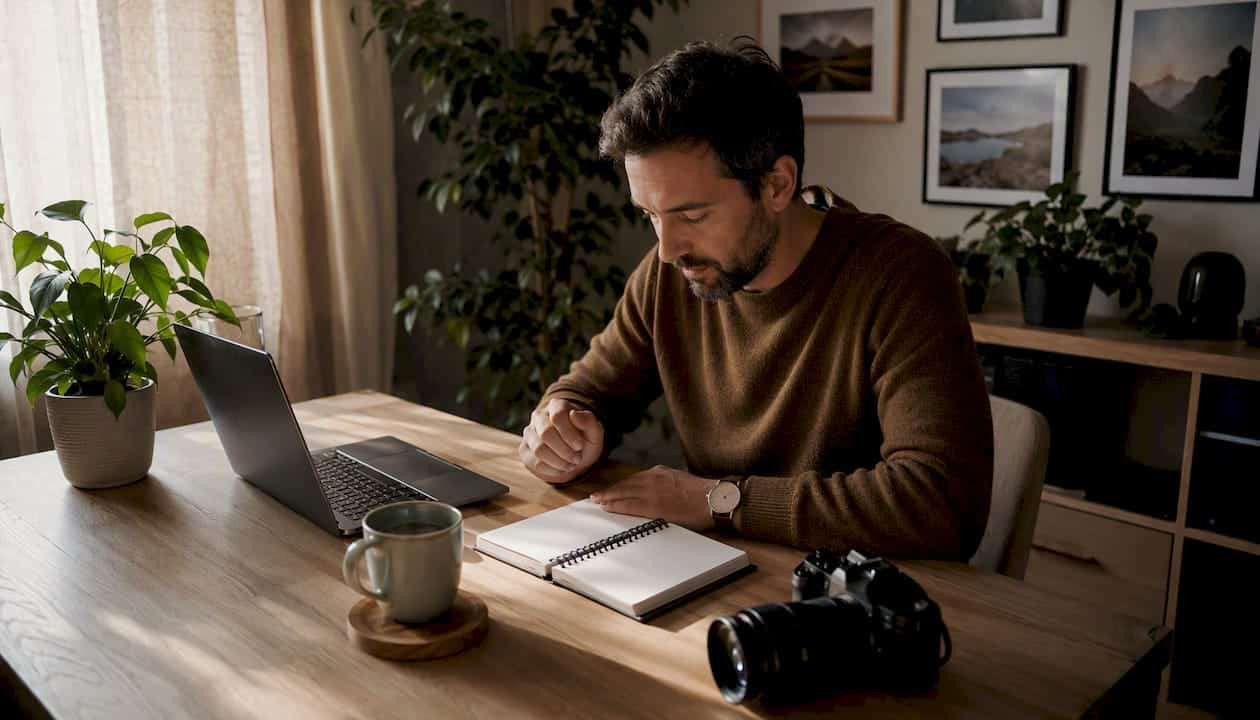 Dans son atelier, un photographe professionnel développe une solution SEO innovante pour optimiser sa présence en ligne.