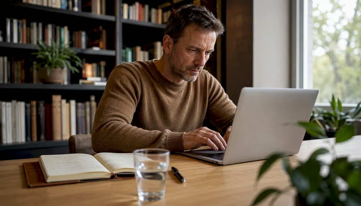Installé dans un café, un homme travaille sur son ordinateur portable, concentré sur la création de hashtags.