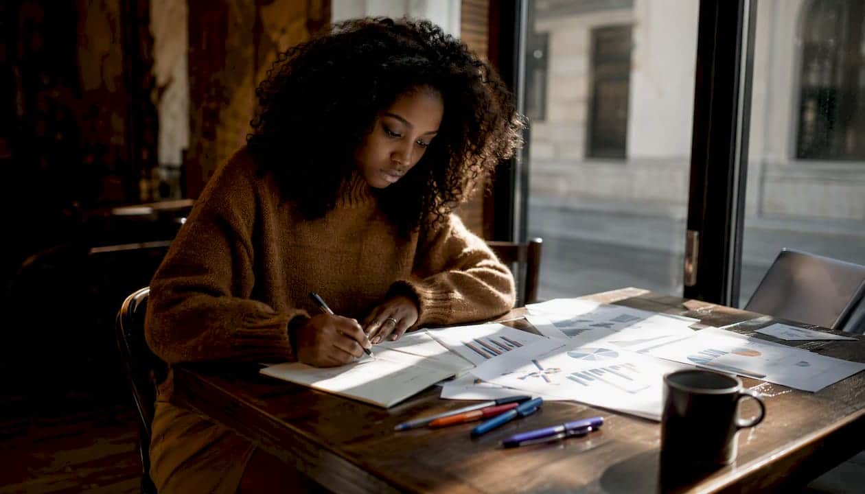 Une femme analyse des graphiques papier présentant les statistiques de performance des hashtags.
