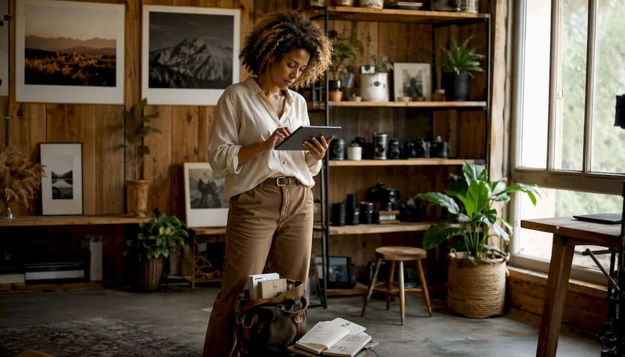 Les mains d’un photographe en train de travailler sur sa tablette, installé dans un café de coworking.