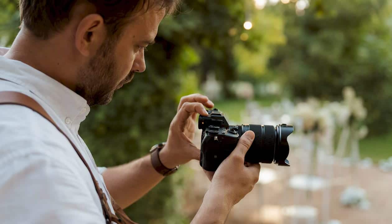 Des mains qui règlent le zoom d’un appareil photo durant une cérémonie de mariage