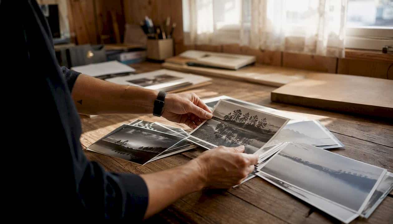 Des mains s'affairent à classer des tirages photo sur une table de studio.