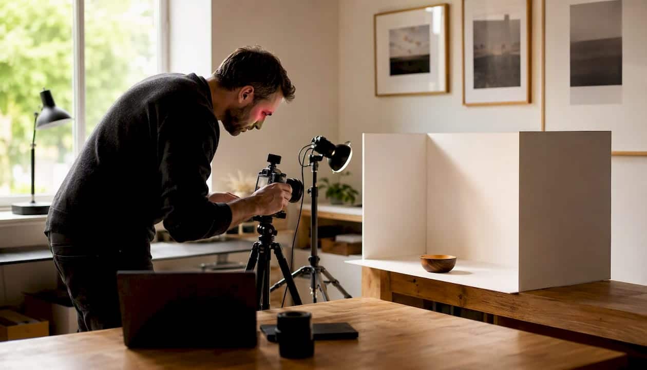 Le photographe peaufine l'éclairage pour mettre en valeur la qualité de son portfolio.