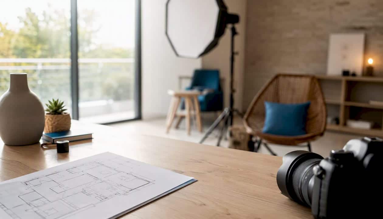 Matériel photo dédié à la réalisation de packs immobiliers, posé sur un bureau en bois.