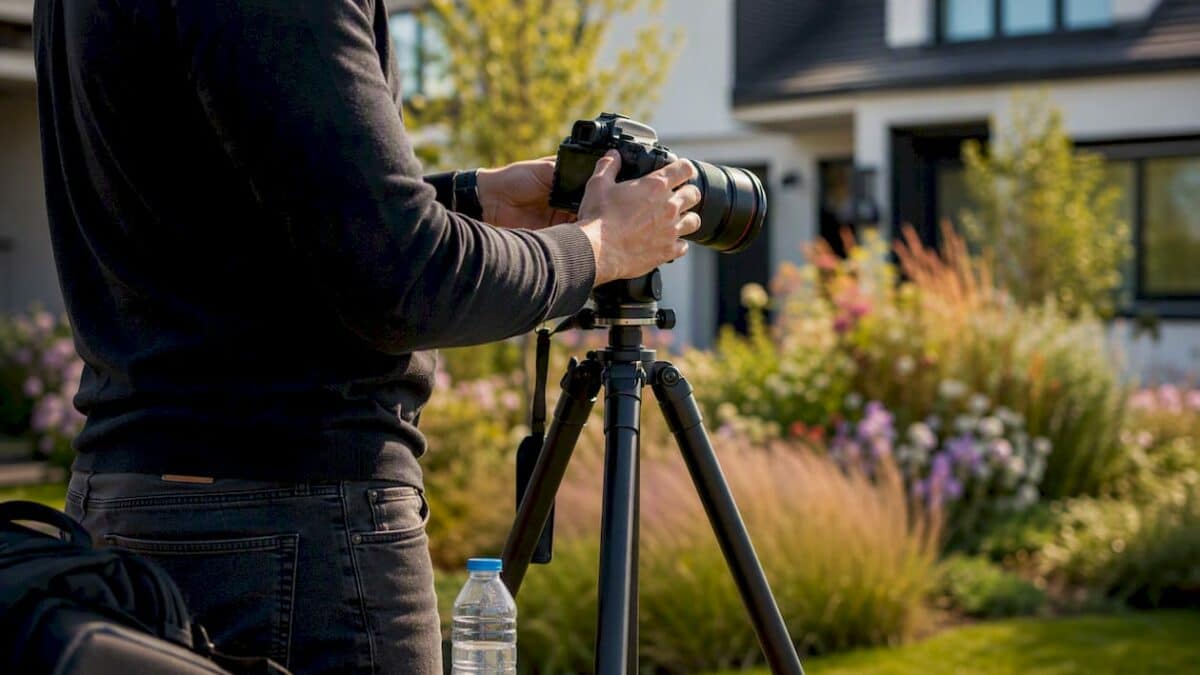 Un photographe spécialisé dans l’immobilier en pleine préparation de son matériel sur le terrain.
