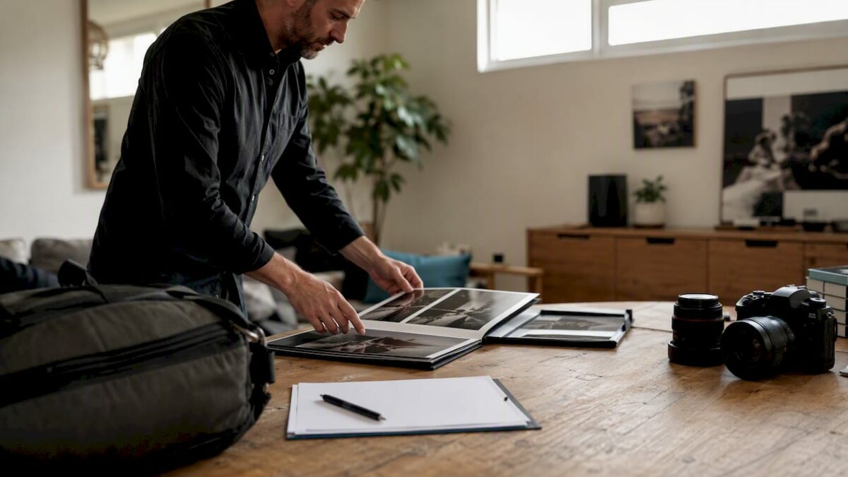 Un photographe en train de rédiger un contrat de mariage à son bureau.