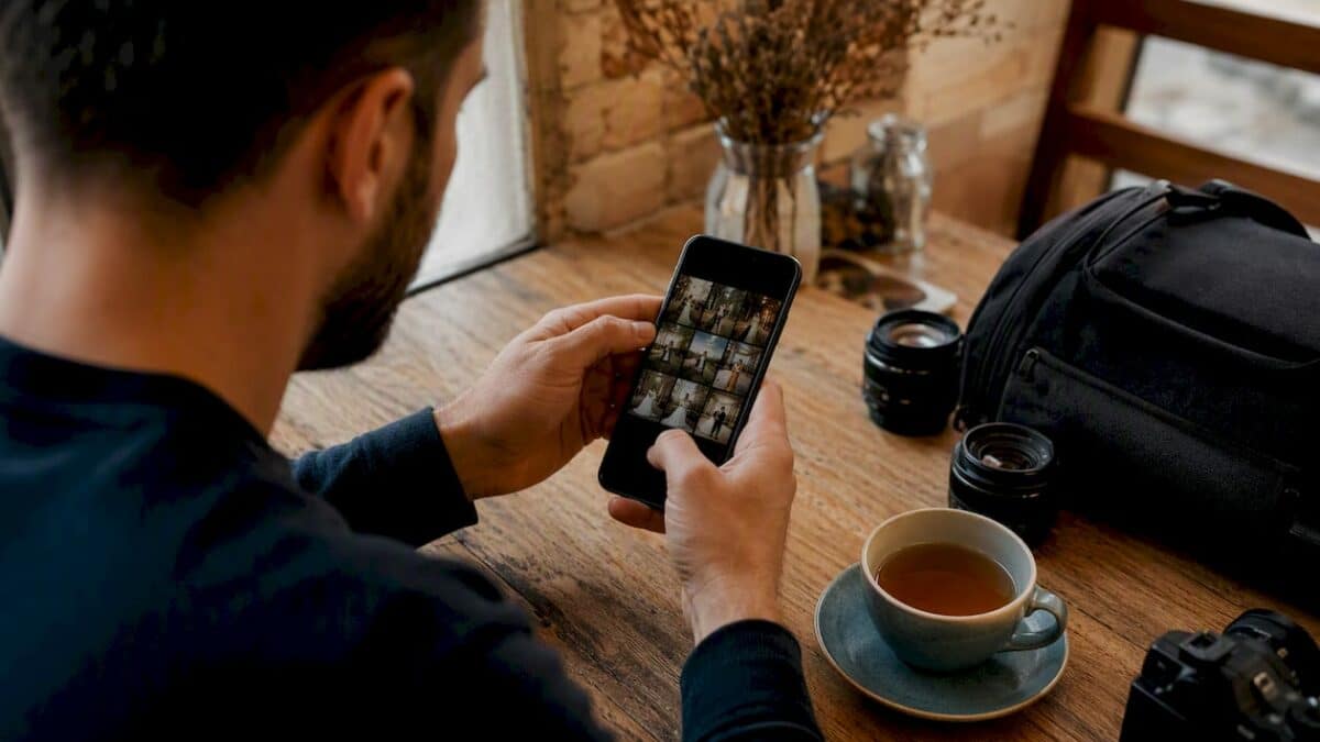 Un photographe en train de préparer un Reel sur son smartphone