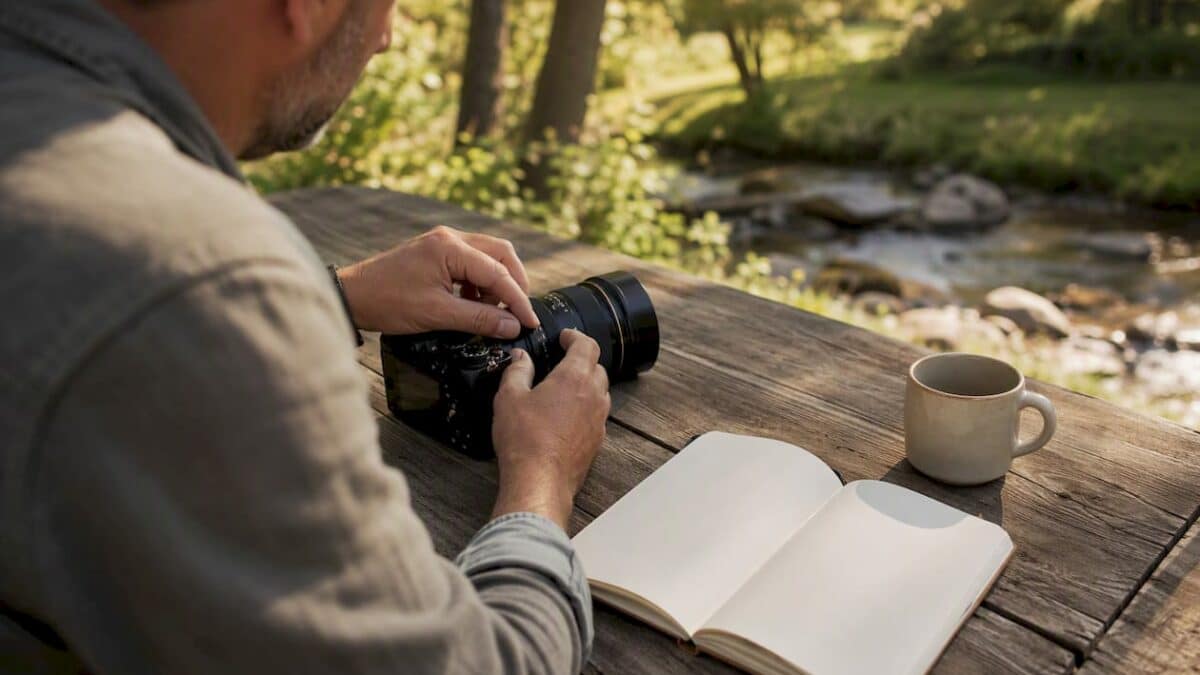 Un photographe en train de régler la mise au point et l’ouverture de son objectif.