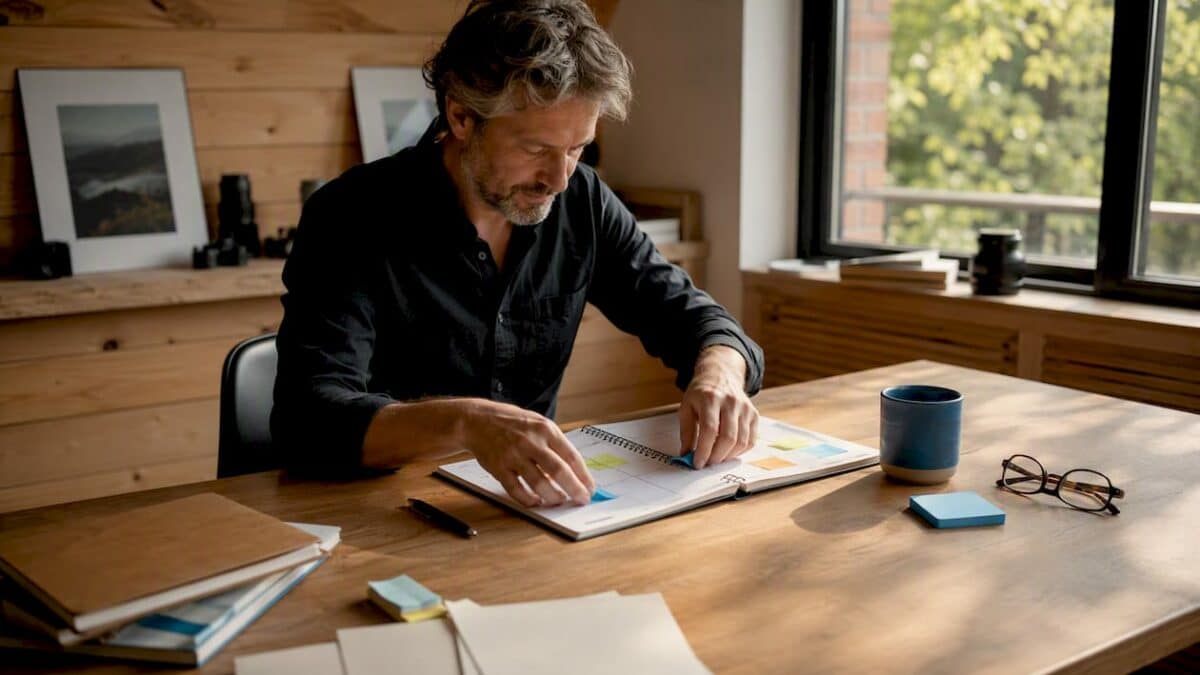 Un photographe en train de planifier sa semaine, installé à son bureau