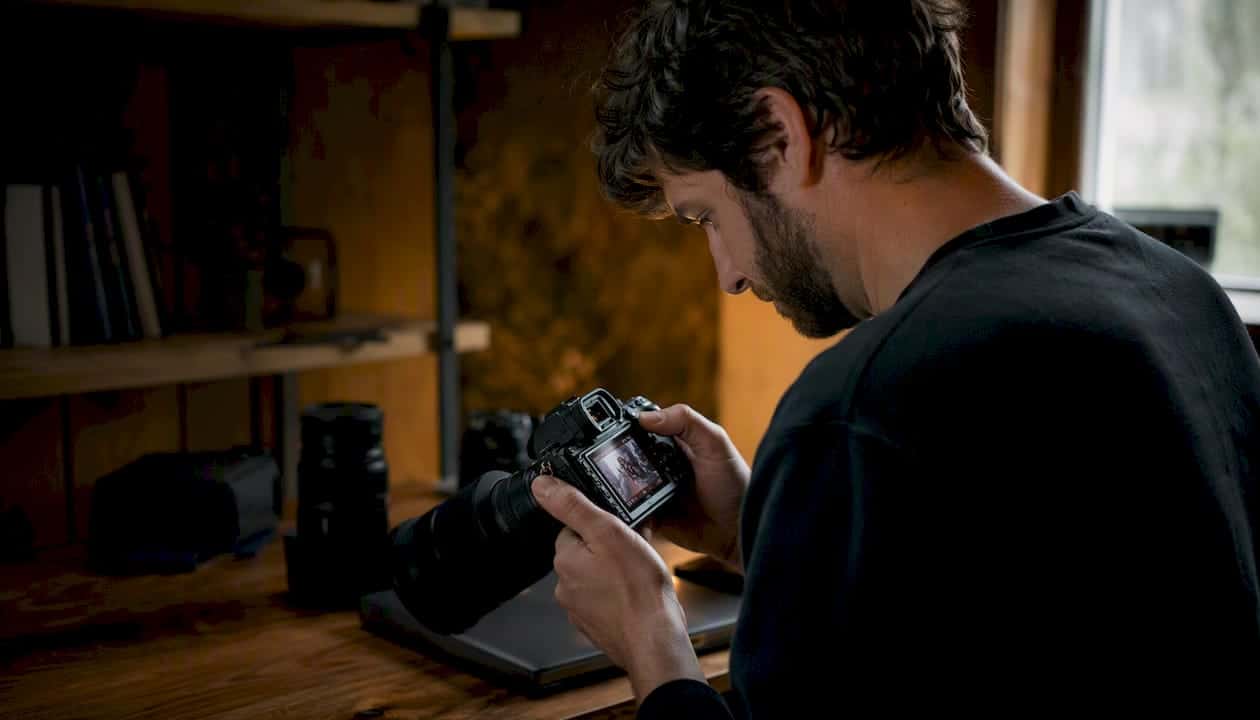 Un photographe en train de parcourir les clichés qu’il vient de prendre sur son appareil.