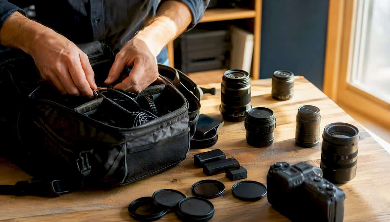 Des mains préparent soigneusement le matériel photo avant un tournage.
