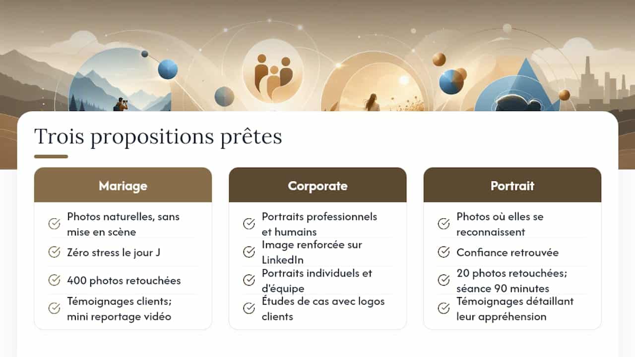 Trois propositions de valeur prêtes pour tes créneaux photo, overview diagram