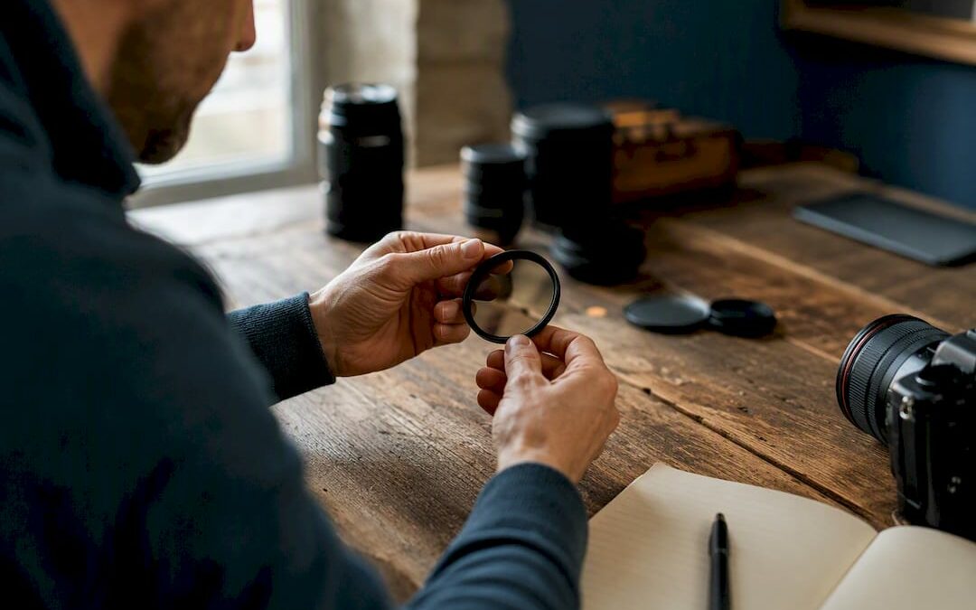 Mains examinant un objectif d'appareil photo en studio